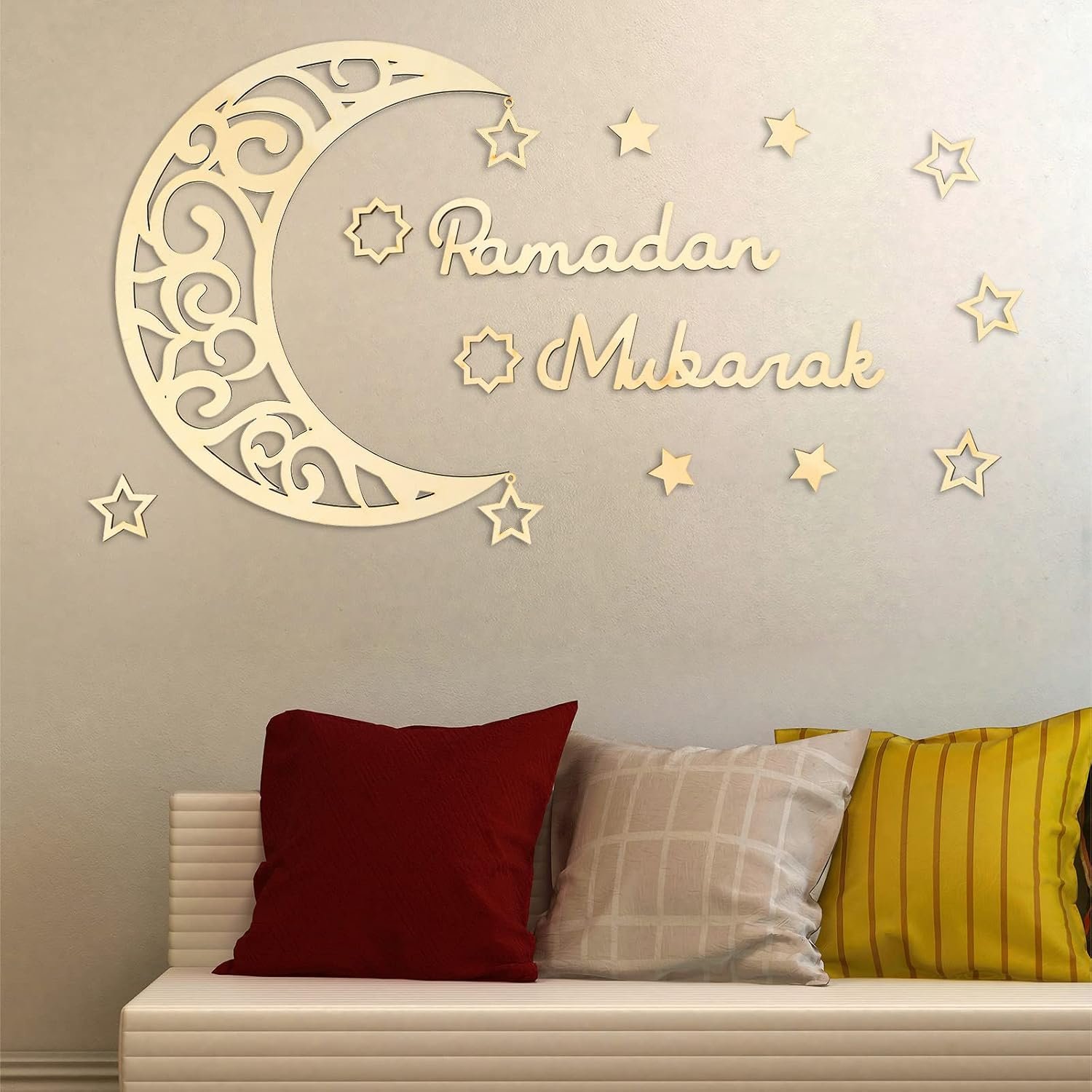 ديكور حائط خشبي بتصميم هلال ونجوم لديكور رمضان والعيد مع عبارة «Ramadan Mubarak» من ياليكوب، 15 قطعة، ديكور منزلي للوازم حفلات رمضان (تصميم خشبي) - صورة 4