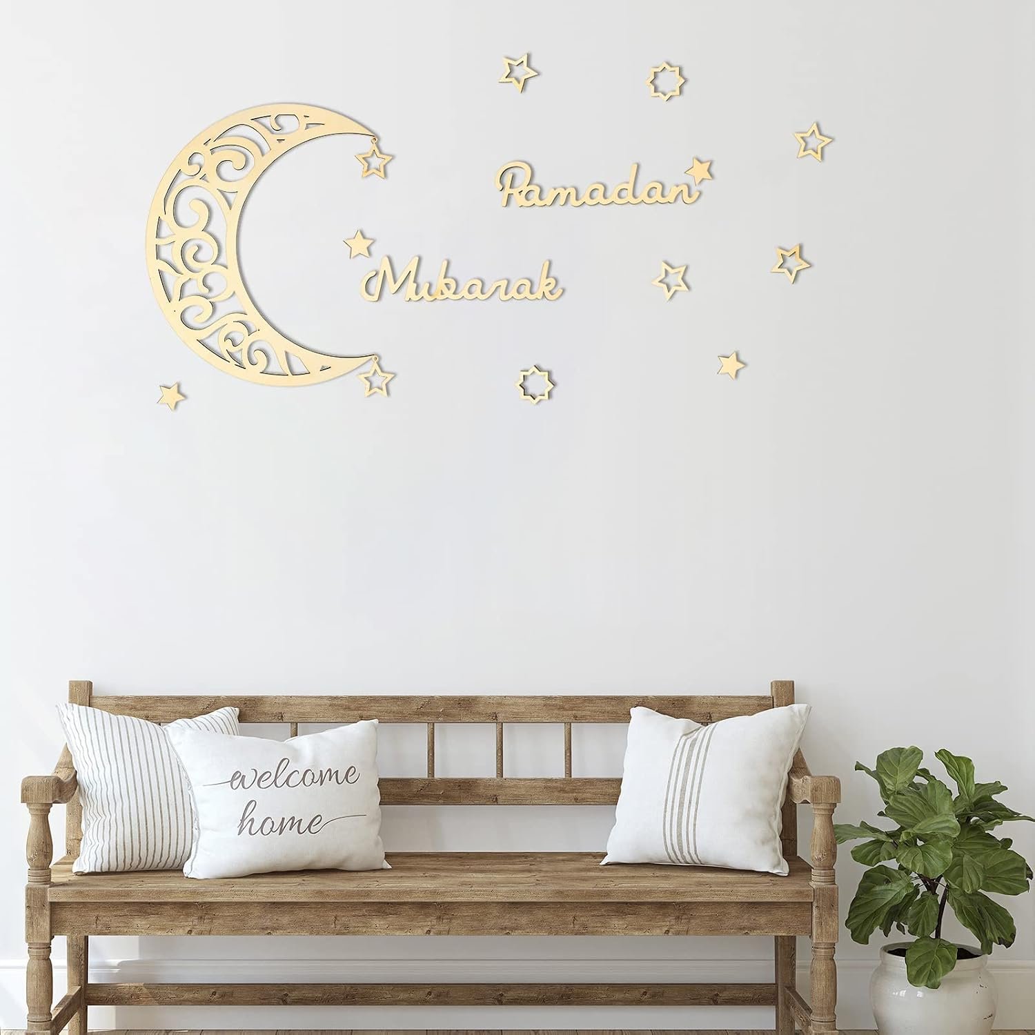 ديكور حائط خشبي بتصميم هلال ونجوم لديكور رمضان والعيد مع عبارة «Ramadan Mubarak» من ياليكوب، 15 قطعة، ديكور منزلي للوازم حفلات رمضان (تصميم خشبي) - صورة 5