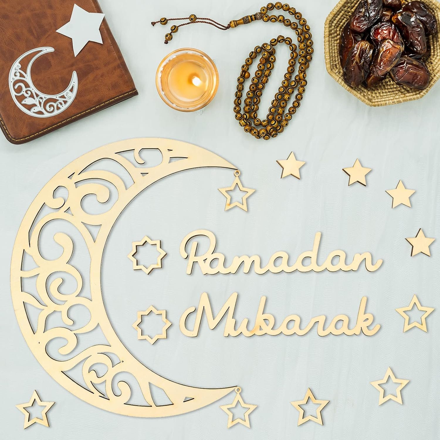 ديكور حائط خشبي بتصميم هلال ونجوم لديكور رمضان والعيد مع عبارة «Ramadan Mubarak» من ياليكوب، 15 قطعة، ديكور منزلي للوازم حفلات رمضان (تصميم خشبي) - صورة 3