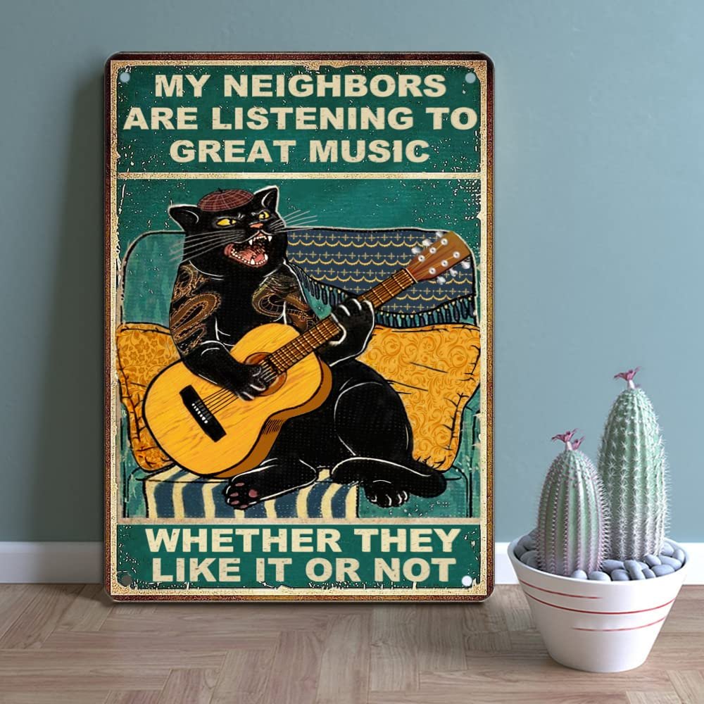 لافتات معدنية على شكل قطة مضحكة بنمط موسيقى الروك بعبارة My Neighbors Are Listening To Great Music لديكور الحائط مصنوعة من القصدير لصالة الألعاب الرياضية وحمام السباحة والحمام... - صورة 5