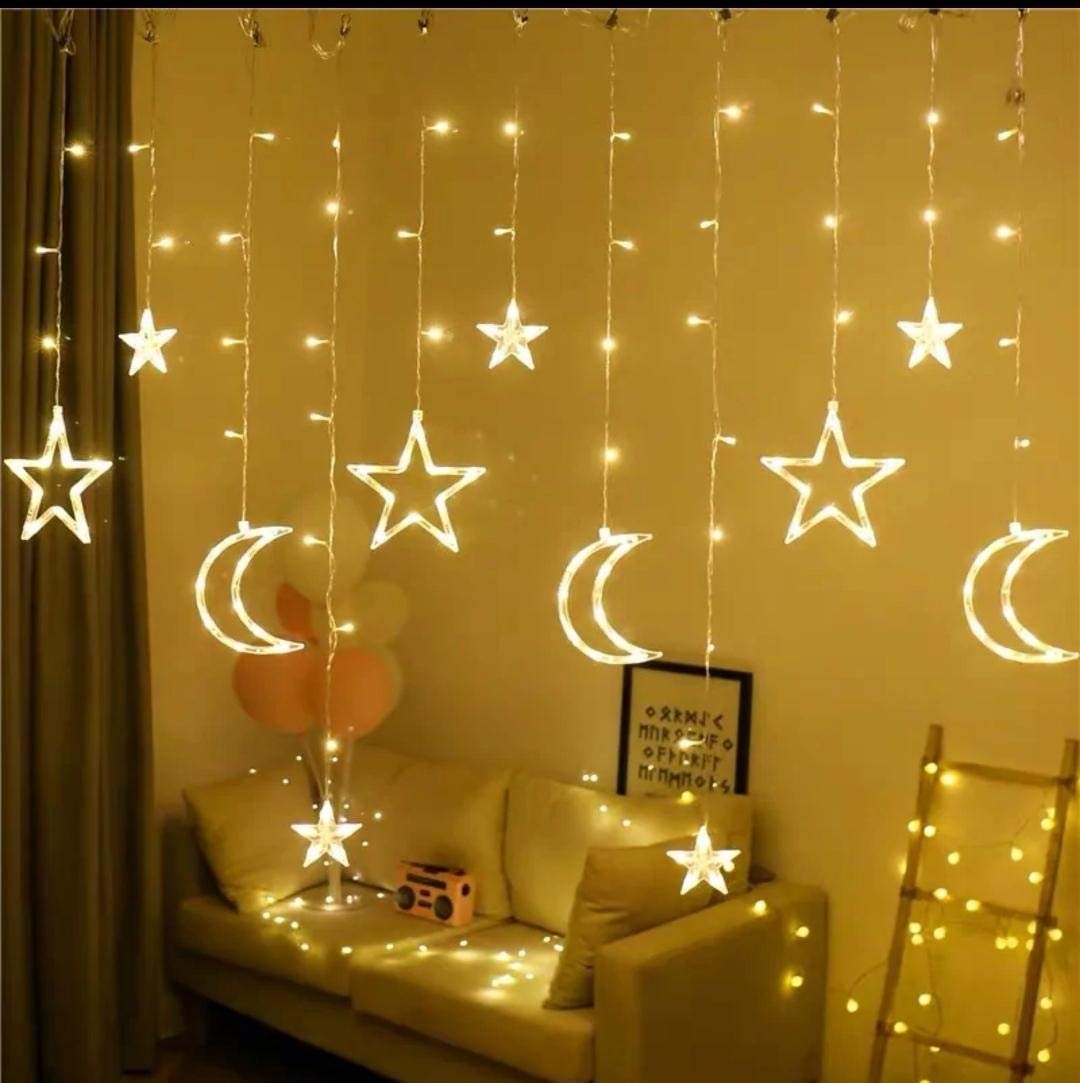 سلسلة أضواء LED بتصميم على شكل نجوم وقمر بنمط ستارة ملائمة كهدية ولديكور الكريسماس وشهر رمضان