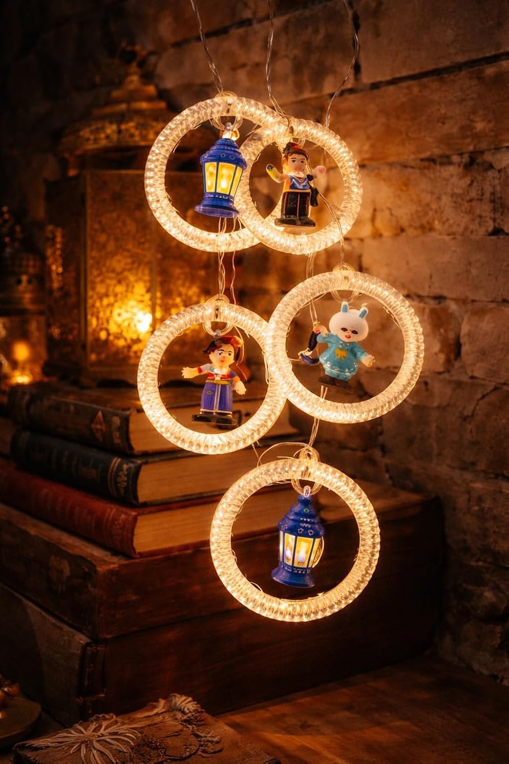 جيني سلسلة مصابيح LED لرمضان مع تماثيل شخصية، ابيض دافئ، حلقات دائرية، موضوع الفانوس، مصابيح معلقة مزخرفة تعمل بالبطارية
