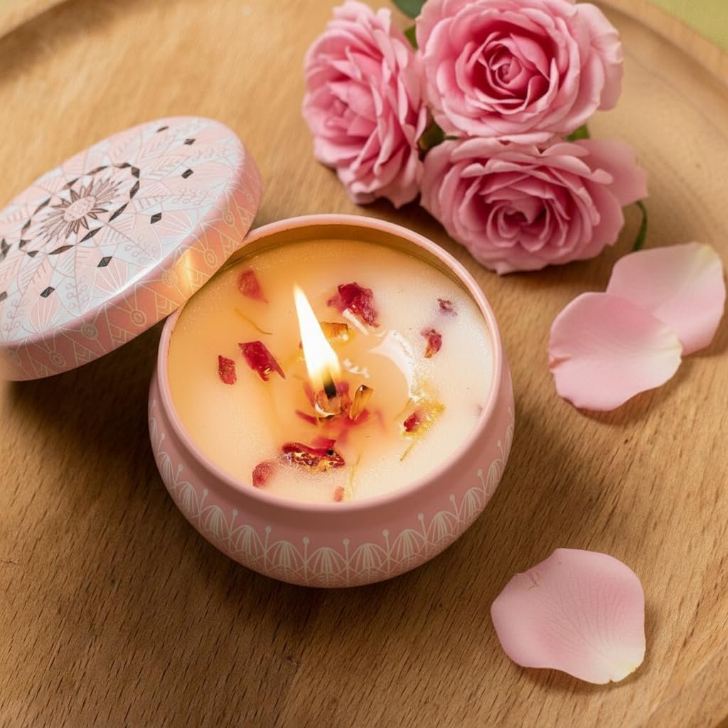 شمعة معطرة طبيعية في علبة معدنية مزخرفة، شمعة للعلاج بالروائح العلاجية، شمعة سبا مريحة تدوم طويلًا، هدية أنيقة للنساء وقطعة ديكور للمنزل (رائحة الزهور) - صورة 5