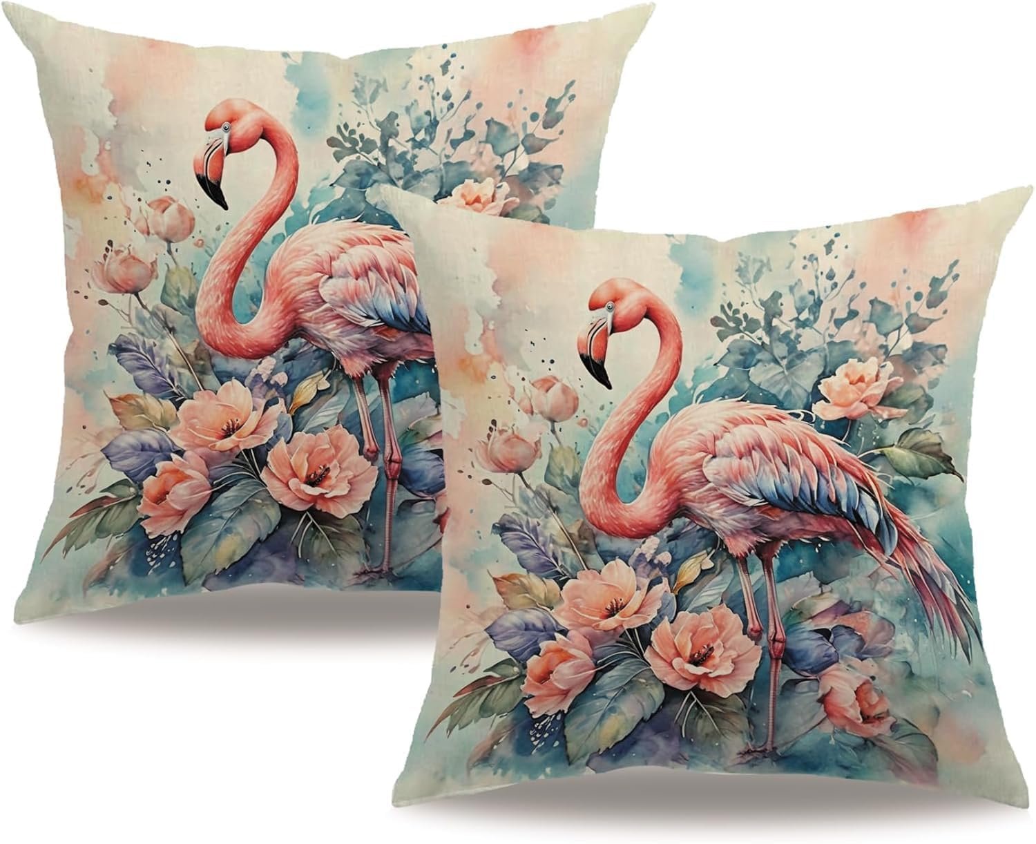 غطاء وسادة بتصميم حيوانات مائية مقاس 45 × 45 سم، غطاء وسادة مطبوع عليه زهور فلامنجو لتزيين بيت المزرعة والربيع والصيف، عبوة من 2 كيس وسادة مربع لكنبة الفناء (وردي)