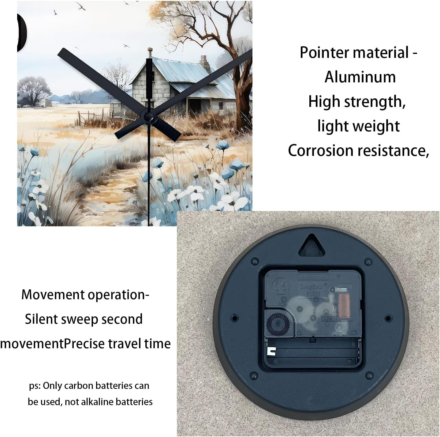 XNM Small Wall Clocks Battery Operated 12 Inch Flower Silent Wall Clock for Bedroom Rustic Clocks for Walls(No Solid Wood, It is with MDF Material) - صورة 8
