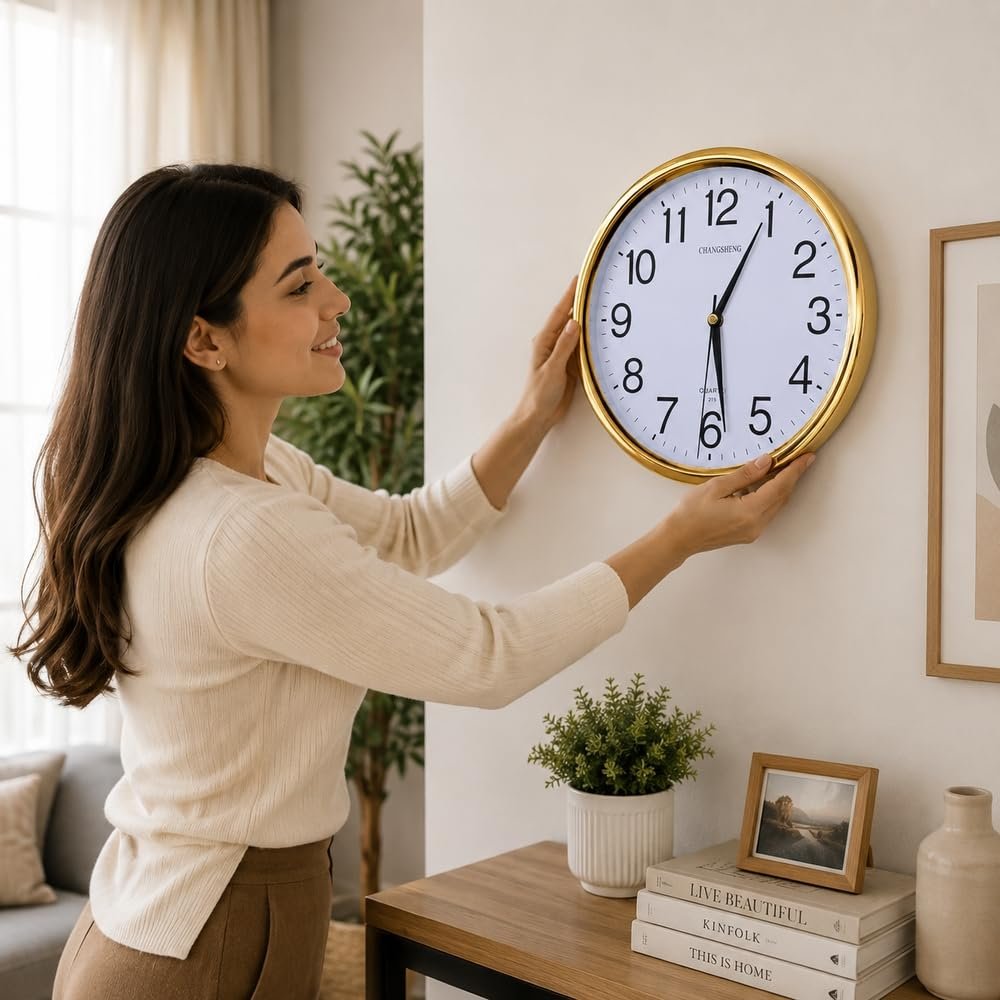 Round Wall Clock with Large Numbers - Gold - A1-828 - صورة 2