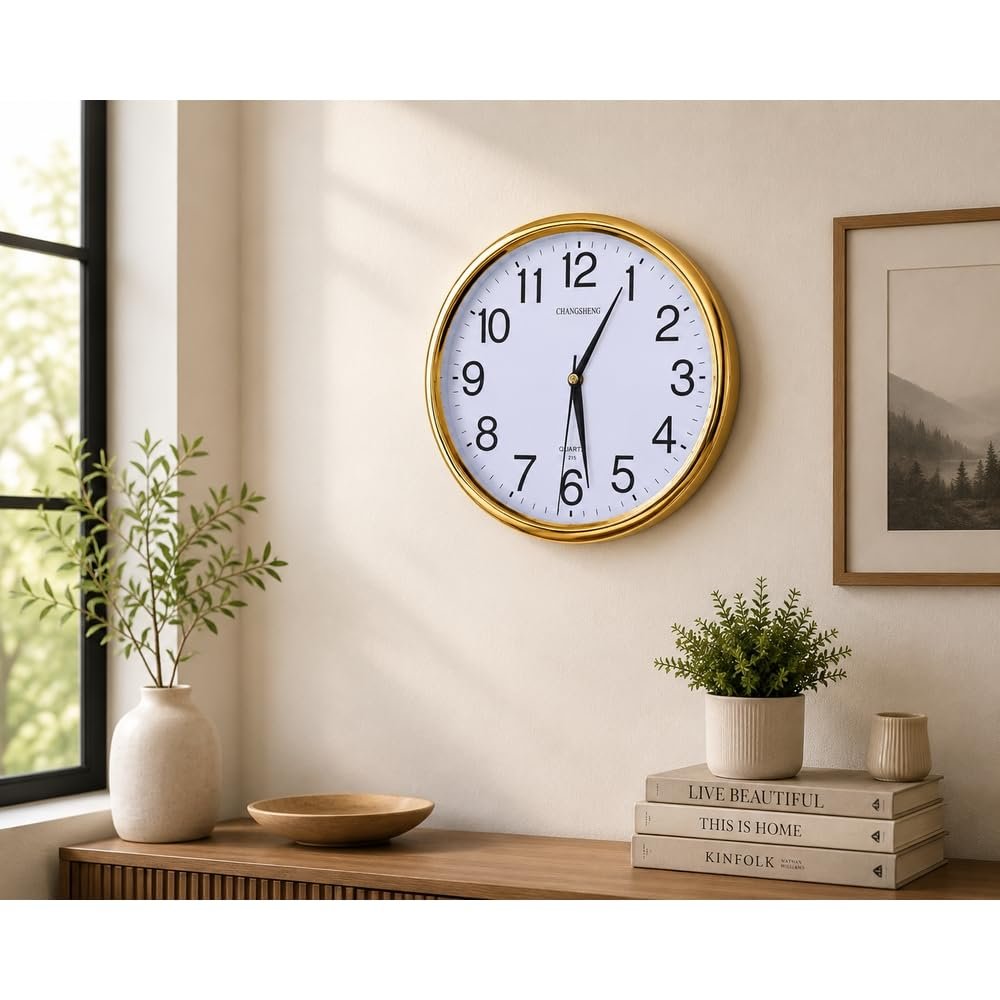 Round Wall Clock with Large Numbers - Gold - A1-828 - صورة 3