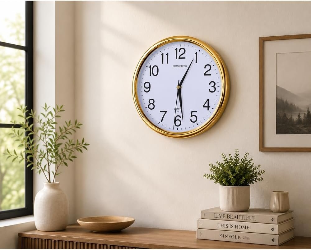 Round Wall Clock with Large Numbers - Gold - A1-828 - صورة 6