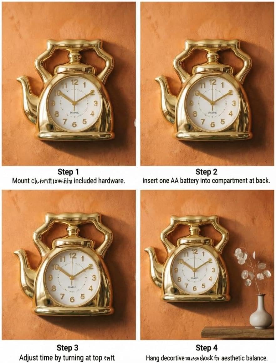 Luxury Clock - Unique gold teapotdesign wall piece for home decor. Silent operation suitable for cafes and kitchens. Modern artistic style with sturdy construction and shiny... - صورة 3