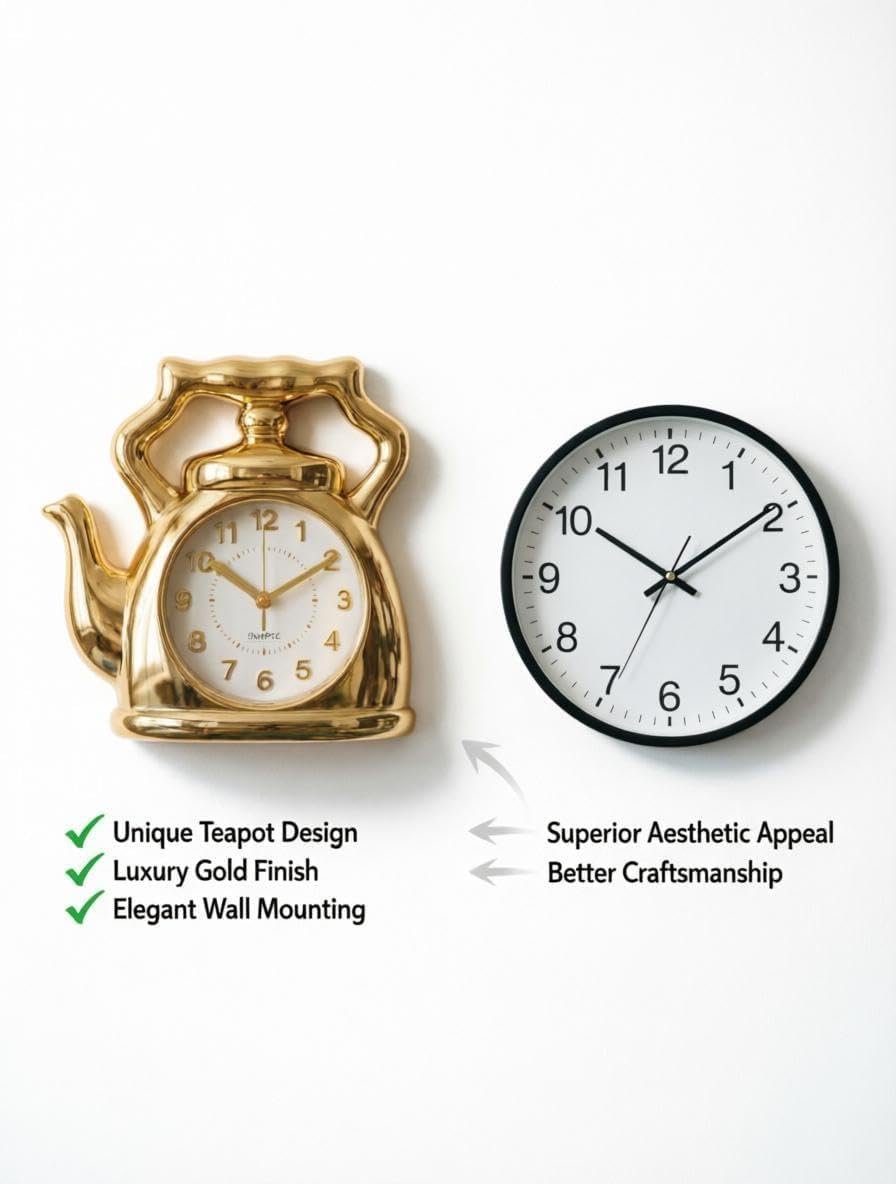 Luxury Clock - Unique gold teapotdesign wall piece for home decor. Silent operation suitable for cafes and kitchens. Modern artistic style with sturdy construction and shiny... - صورة 2