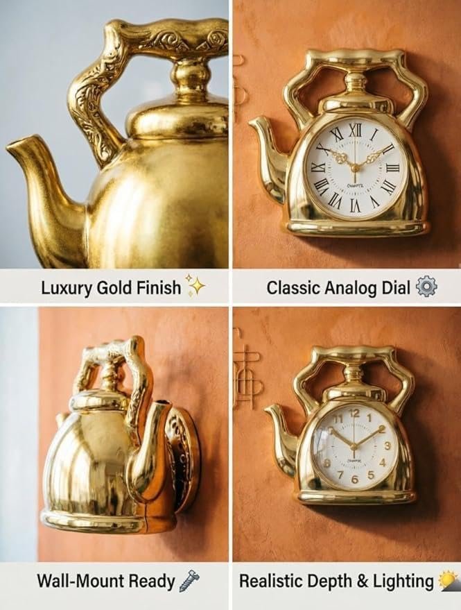 Luxury Clock - Unique gold teapotdesign wall piece for home decor. Silent operation suitable for cafes and kitchens. Modern artistic style with sturdy construction and shiny... - صورة 5