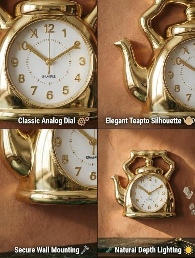 Luxury Clock - Unique gold teapotdesign wall piece for home decor. Silent operation suitable for cafes and kitchens. Modern artistic style with sturdy construction and shiny... - صورة 7