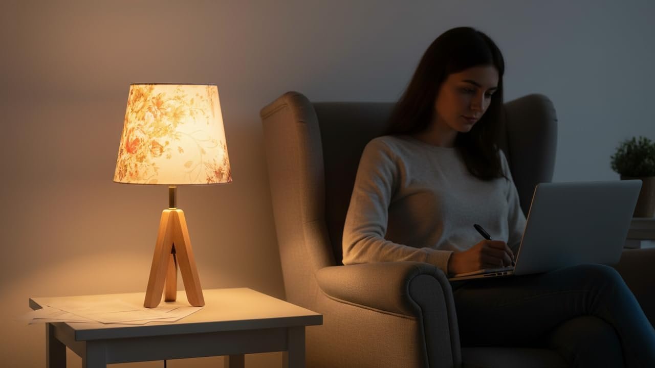 أباجورة مودرن قاعدة خشب زان ثلاثية مع شابوه قماش كتان – تصميم ديكوري أنيق لغرف النوم والديكور العصري (وردى)