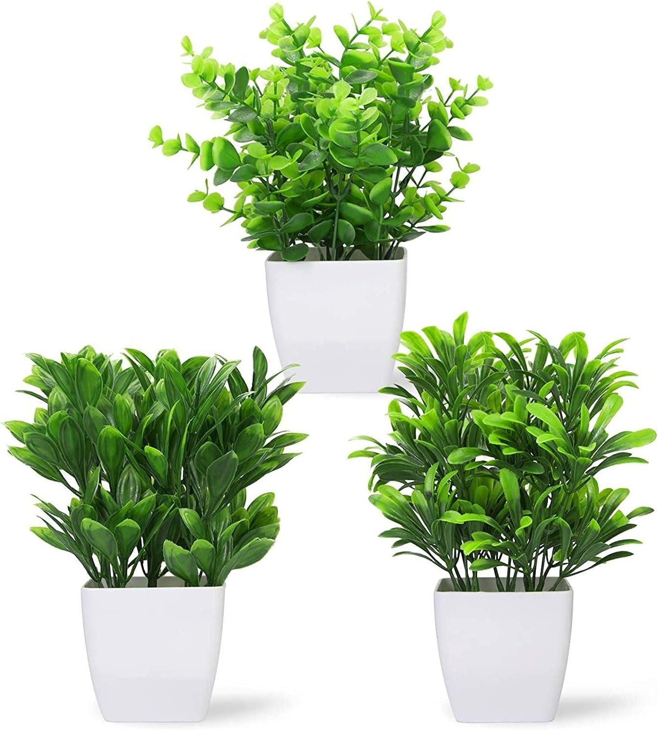 قطع 3 نباتات اصطناعية بوعاء صغير بلاستيكي مزين بأوراق خضراء مع مزهرية للمنزل والمكتب وغرفة ديكور المساحات الخضراء