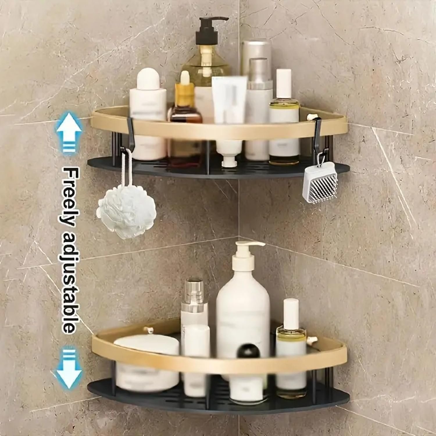 رف زاوية معدني بتثبيت على الحائط لاصق من دون ثقب مقاوم للماء والصدأ لمستلزمات النظافة والتوابل في مساحة صغيرة من الحمام والمطبخ