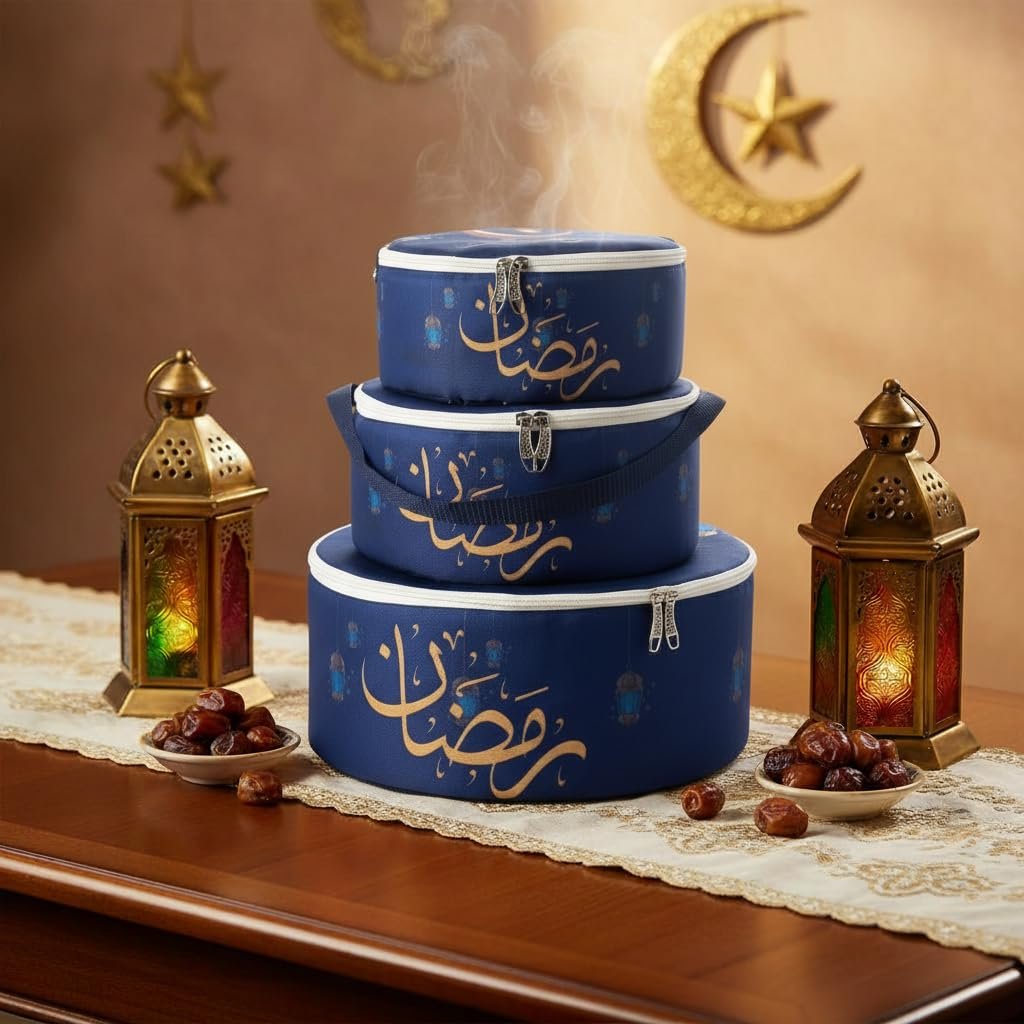 حافظات طعام حرارية، حقيبة حفظ السخونة، منظم طعام رحلات، حافظة صواني إفطار، فويل حراري للقدور، مستلزمات للمطبخ، شنط نقل طعام عزومات، حافظة طعام دائرية، مائدة رمضان. (شكل1 (ازرق))