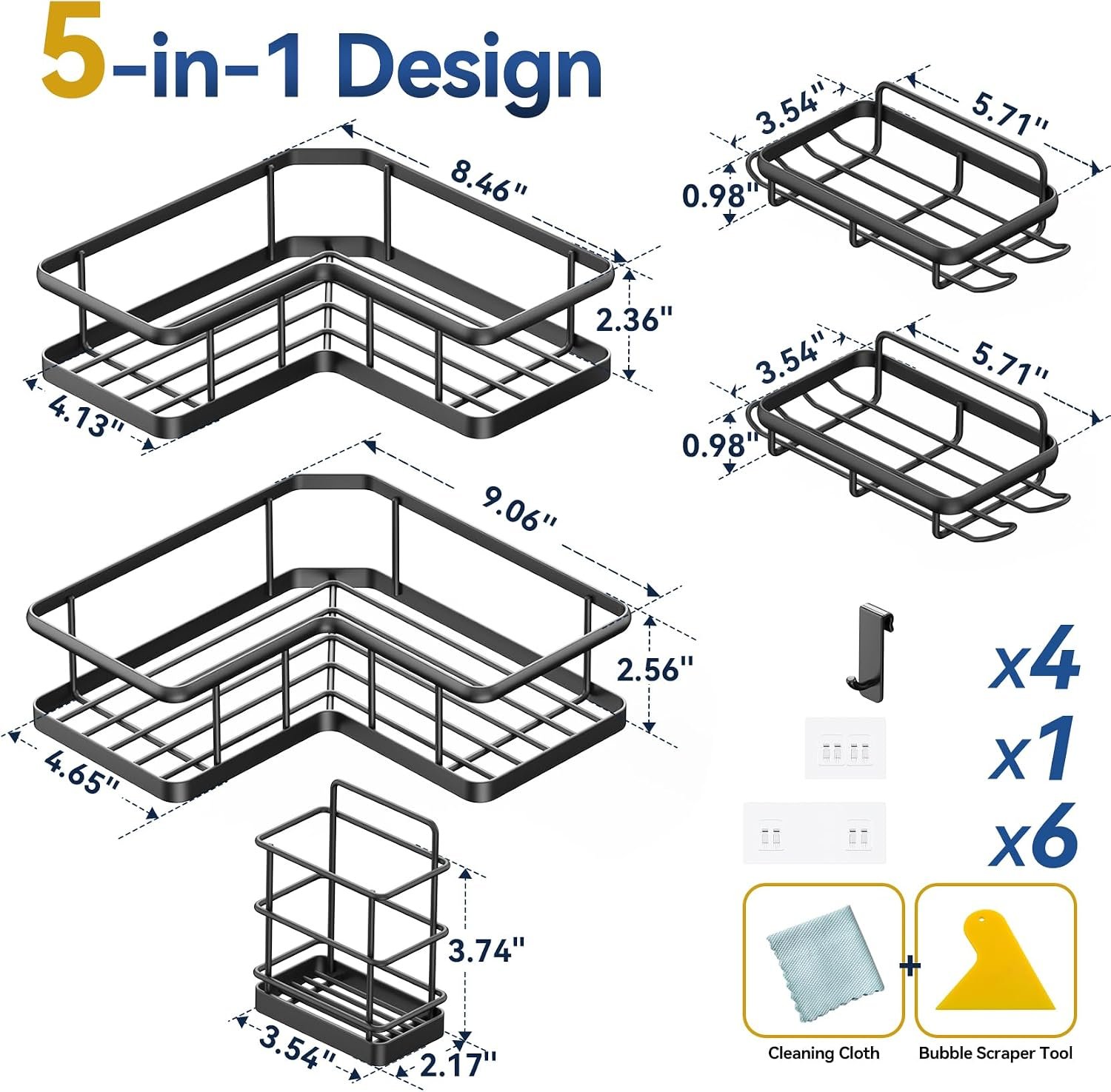 منظم أرفف لزاوية الدش، هيكل مقاوم للصدأ،تركيب بدون ثقوب، نظام أرفف كبير لسطح الحمام وديكور المنزل، طقم من 5 قطع مع 12 خطاف، لون أسود