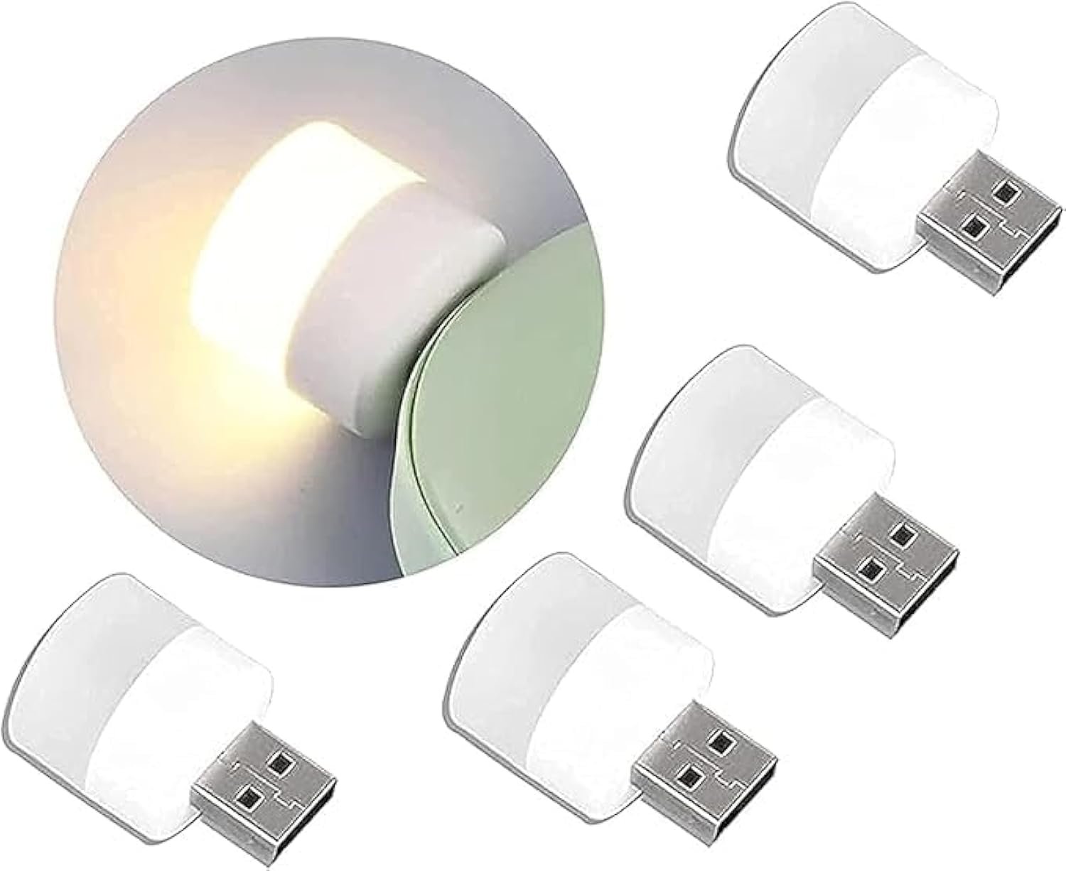 لمبة ليد ليلية بمنفذ USB مصباح صغير الحجم موفر للطاقة بتصميم محمول بإضاءة محيطية للديكور مناسب للسيارة وغرف النوم والحمامات والحضانات 4 أبيض