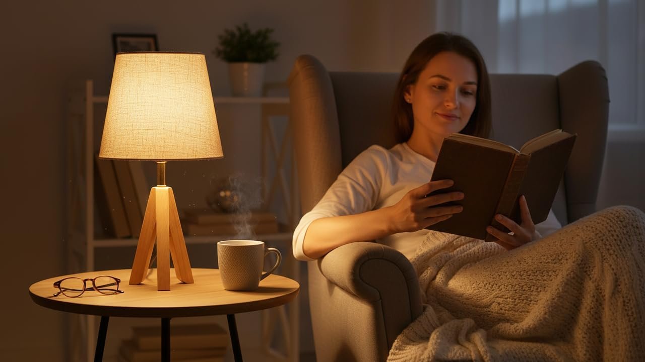 اووبس مصباح طاولة عصري بقاعدة ثلاثية القوائم من خشب الزان مع غطاء من قماش الكتان - اضاءة محيطة دافئة ناعمة - تصميم بيج انيق - مناسب لغرف النوم وديكور المنزل - لمبة E27 - صورة 2