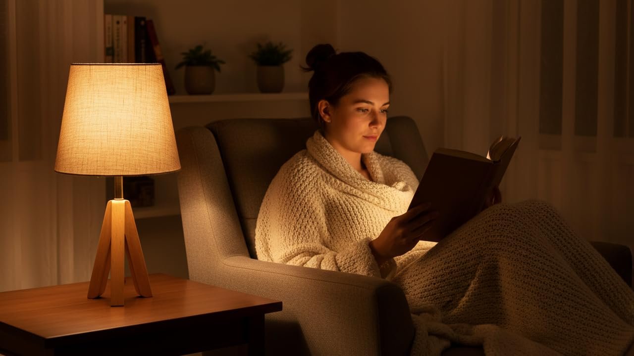 اووبس مصباح طاولة عصري بقاعدة ثلاثية القوائم من خشب الزان مع غطاء من قماش الكتان - اضاءة محيطة دافئة ناعمة - تصميم بيج انيق - مناسب لغرف النوم وديكور المنزل - لمبة E27 - صورة 11