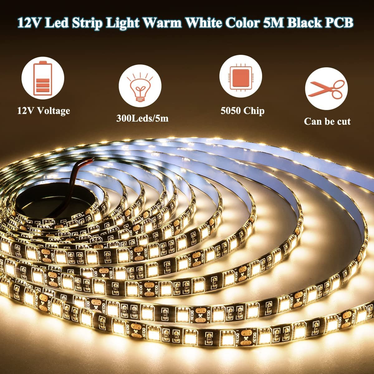 شرائط إضاءة LED من تيسفيش 12 فولت 5 متر لون ابيض دافئ 3000-3400 كلفن لوحة PCB سوداء 5050 IP65 مقاومة للماء 300 اضاءة لغرفة النوم وديكور المطبخ - صورة 4