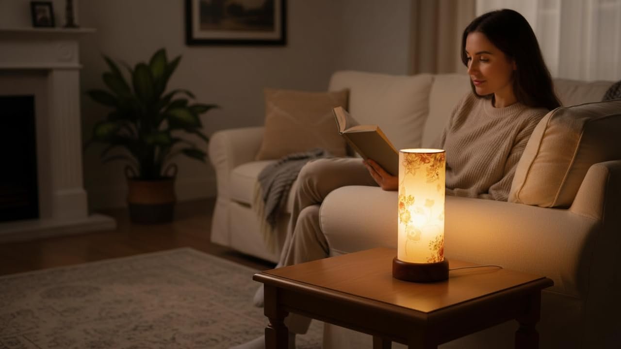 اووبس مصباح طاولة عصري بقاعدة من خشب الزان الطبيعي وغطاء من قماش الكتان - اضاءة محيطة دافئة لغرف النوم وغرف المعيشة وديكور المنزل - تصميم زهري انيق - مصباح E27 E23-8 - صورة 9