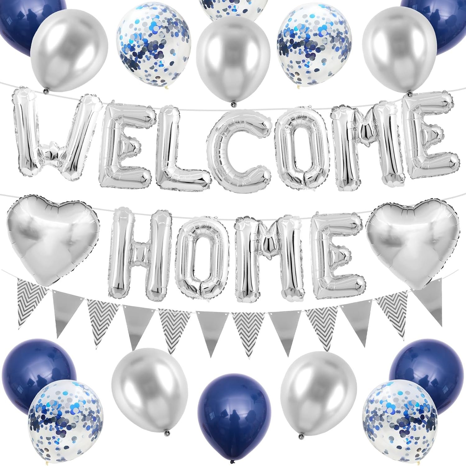 لافتة بالونات من رقائق معدنية بعبارة «Welcome Home» مع بالونات بقصاصات ورقية وبالونات على شكل قلب بلون فضي لحفلات استقبال المولود الجديد ومستلزمات حفلات العائلة والمنزل