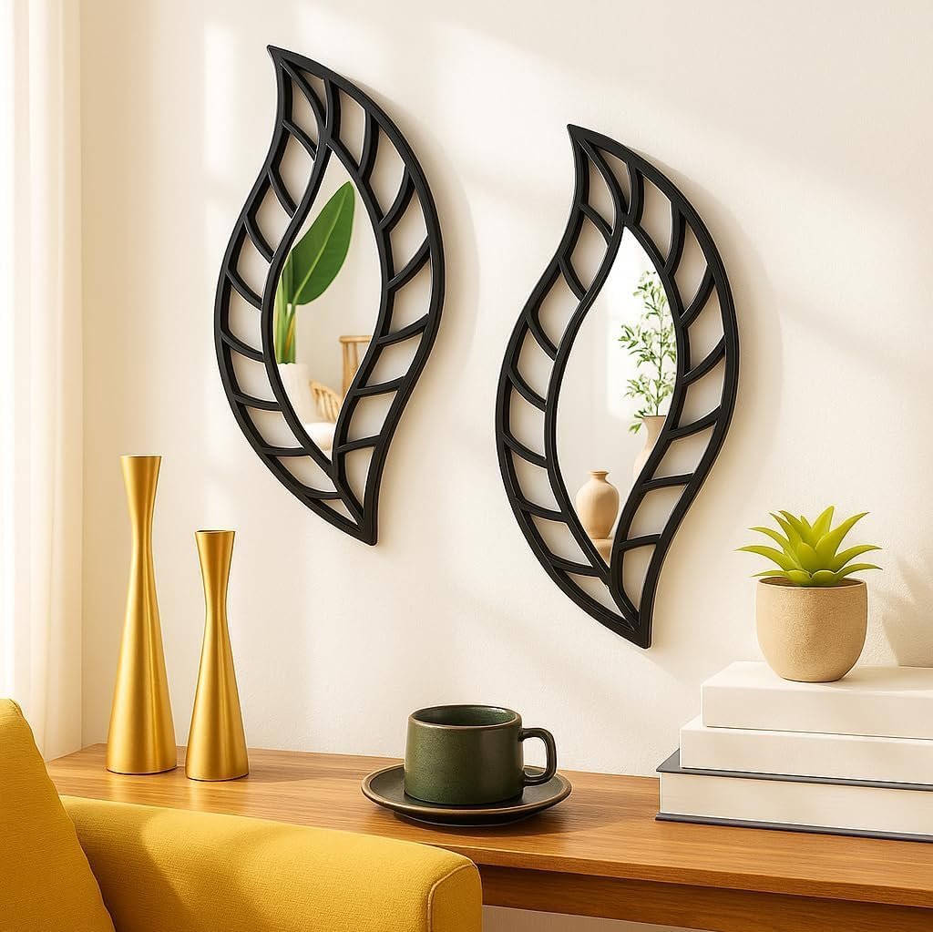 طقم مرايا حائط ديكور 2 قطعة بتصميم "ورقة شجر" من HFR Artech إطار خشب MDF مودرن مقاس 20×40 سم للقطعة تعليق سحري بلاصق دبل فيس قوي بدون مسامير أو تكسير أسود ملكي
