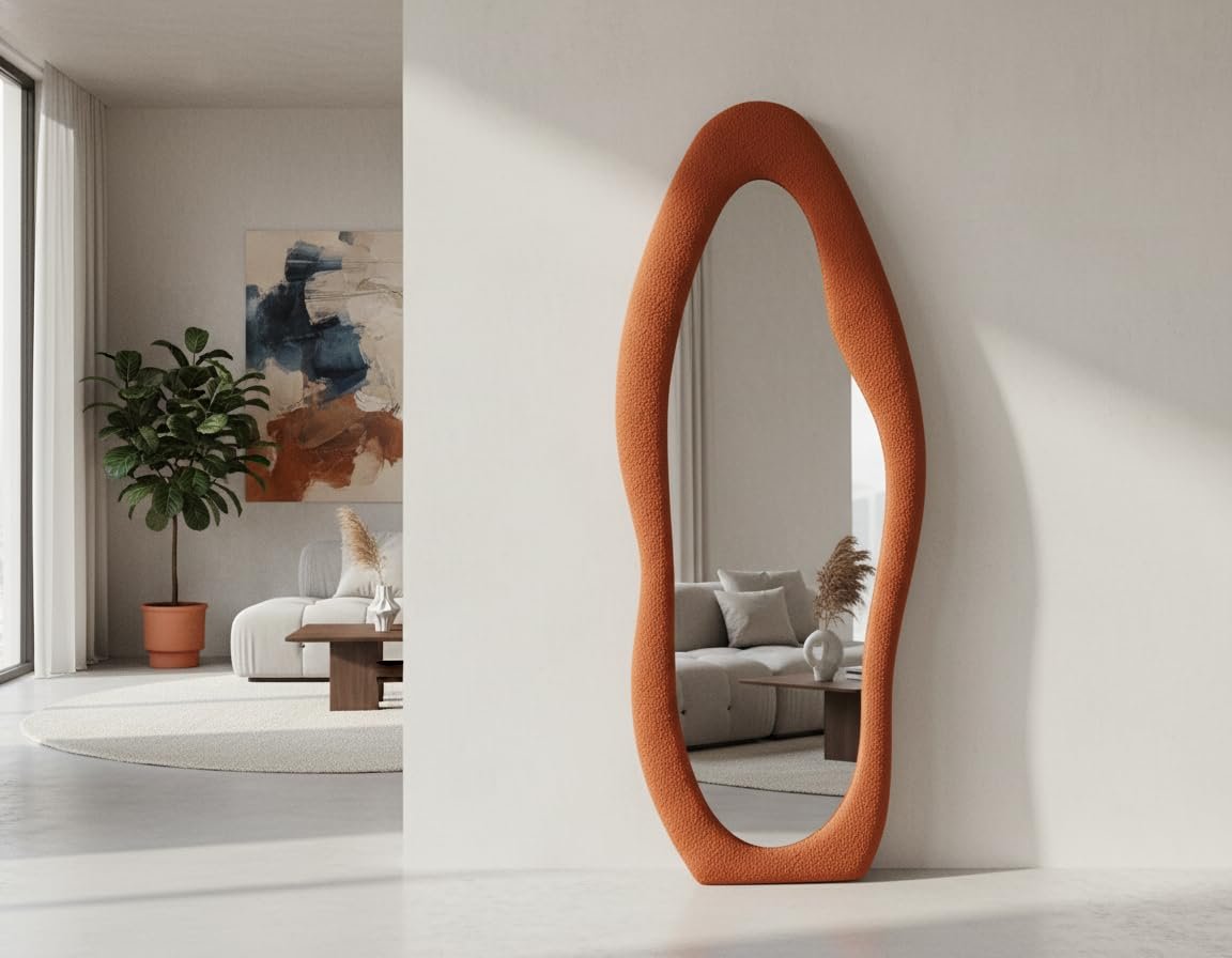 مراة قائمة عصرية 170 × 60 سم - اطار من خشب ام دي اف مع تنجيد من قماش الباندا الفاخر - مرايا ديكور بطول كامل لغرف النوم وغرف الملابس - من نو كومنت فيرنتشر (بيج 12) - صورة 4