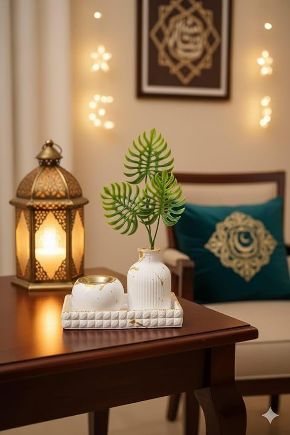 طقم ديكور منزلي، أبيض وذهبي، مزهريات سيراميك مع صينية، نمط إسلامي، ديكور طاولة -مبخره رمضانيه