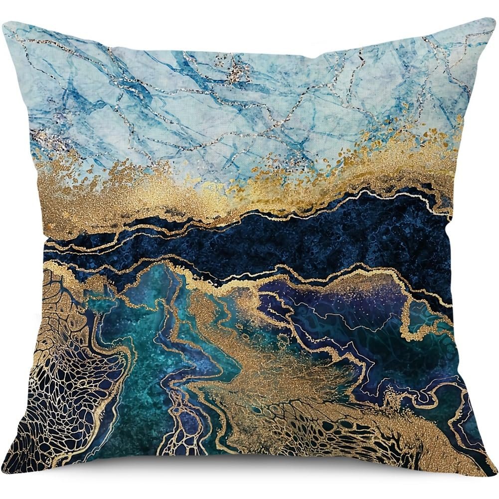 مجموعة من 4 أغطية وسائد مقاس 45 سم × 45 سم بلون أزرق كحلي وذهبي مقاس 45.7 × 45.7 سم، أكياس مخدات مربعة من الكتان لديكور غرفة المعيشة وغرفة النوم والأريكة والسرير من BCKAKQA - صورة 4