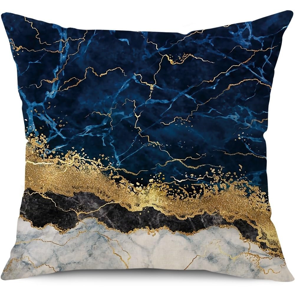 مجموعة من 4 أغطية وسائد مقاس 45 سم × 45 سم بلون أزرق كحلي وذهبي مقاس 45.7 × 45.7 سم، أكياس مخدات مربعة من الكتان لديكور غرفة المعيشة وغرفة النوم والأريكة والسرير من BCKAKQA - صورة 2