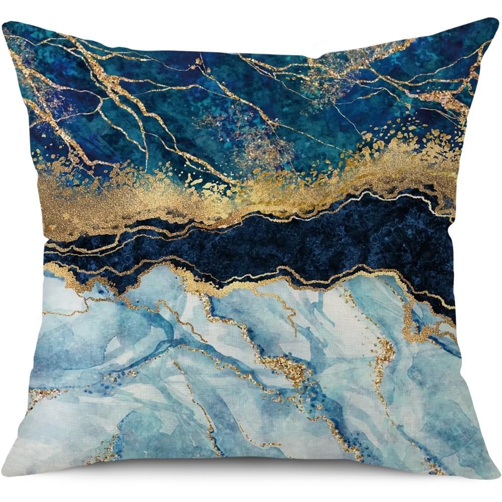 مجموعة من 4 أغطية وسائد مقاس 45 سم × 45 سم بلون أزرق كحلي وذهبي مقاس 45.7 × 45.7 سم، أكياس مخدات مربعة من الكتان لديكور غرفة المعيشة وغرفة النوم والأريكة والسرير من BCKAKQA - صورة 3