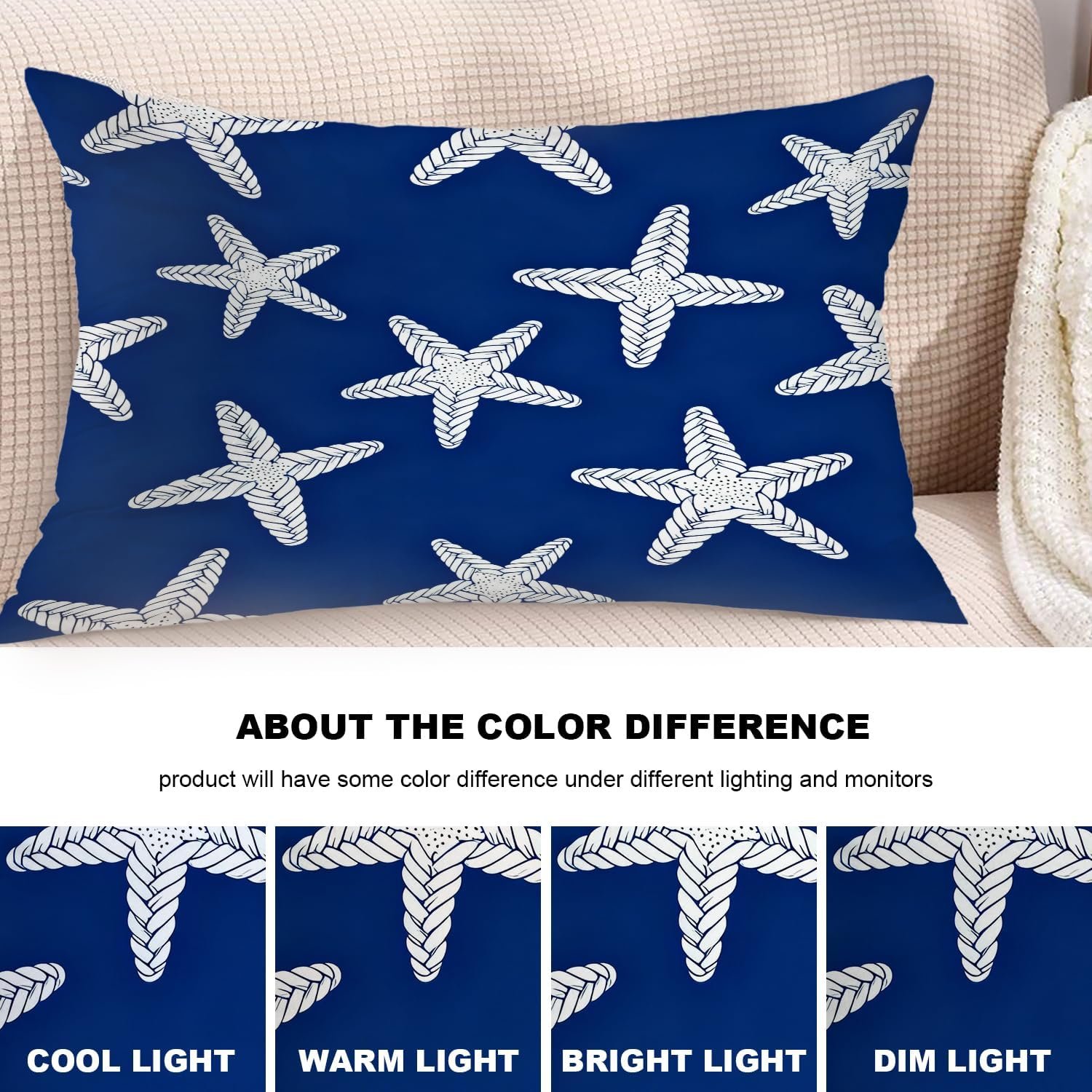 اغطية وسائد مزخرفة بنمط بحري ساحلي، نمط تجريدي بدون خياطة مع نجم البحر على خلفية زرقاء، غطاء وسادة قطني مقاس 12 × 20 انش، غطاء وسادة قطني مزخرف للكنبة والسرير - صورة 6
