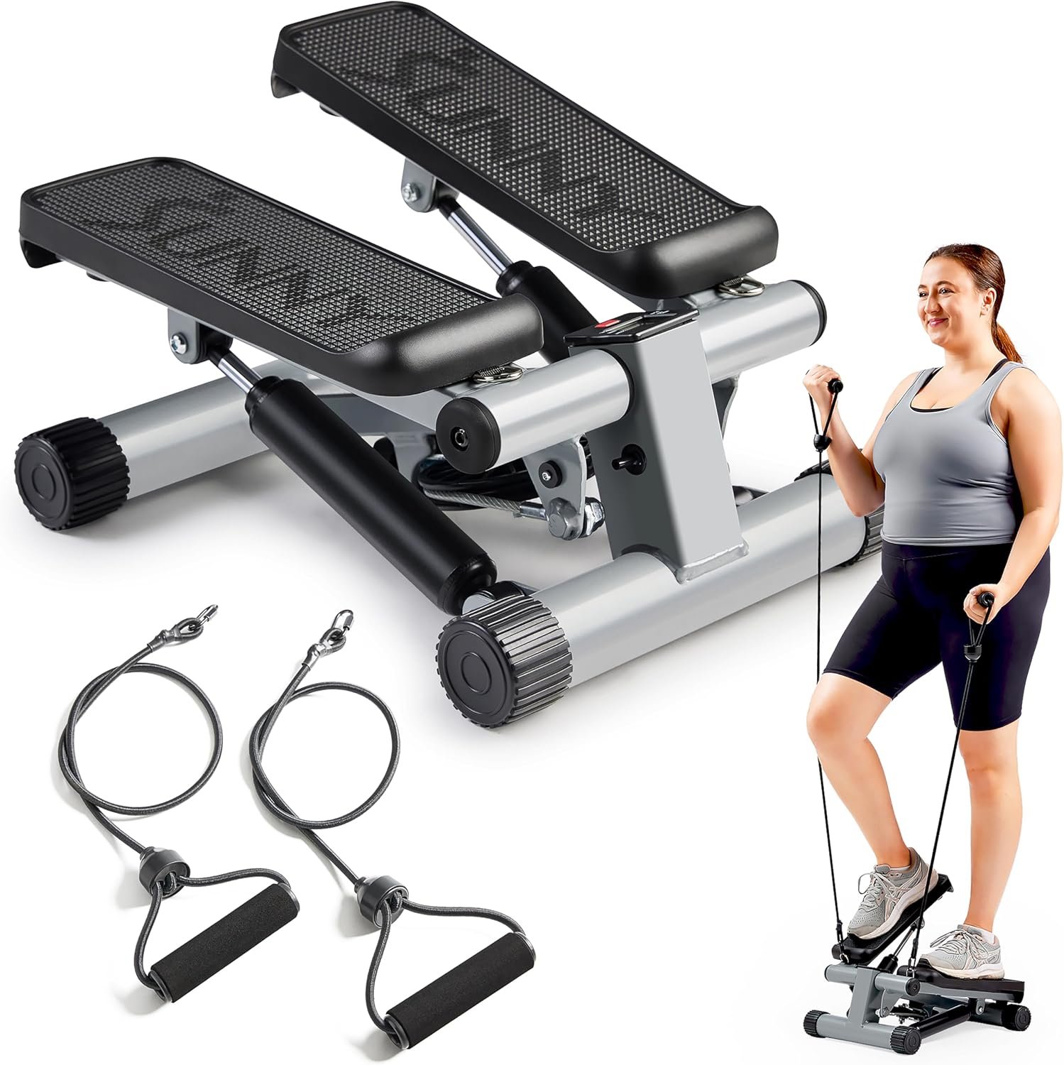 Sunny Health & Fitness Mini Steppers for Exercise at Home, Stair Step Machine with Resistance Bands for Full Body Cardio Equipment at Home, Optional Free SunnyFit App Connection...