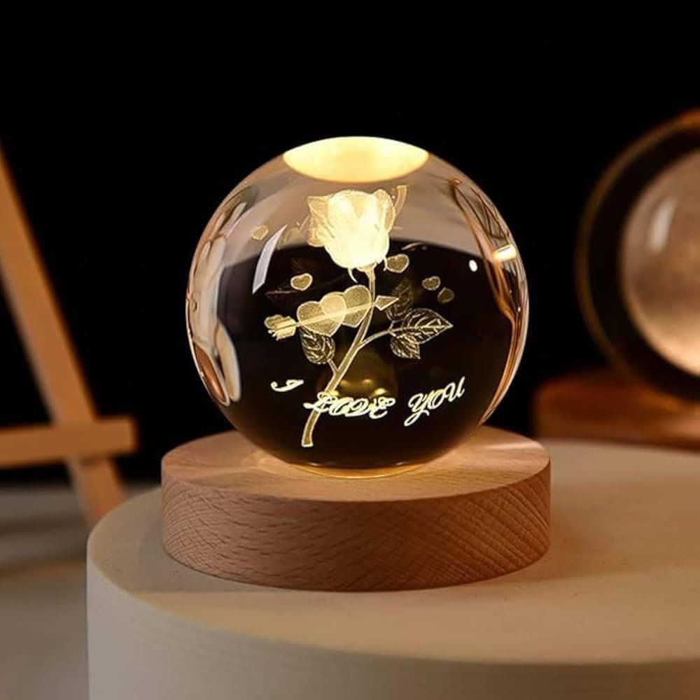 مصباح LED كروي كريستالي ثلاثي الابعاد بقاعدة خشبية لديكور المنزل هدية عيد ميلاد للصديق والصديقة والاطفال ضوء ليلي دافئ