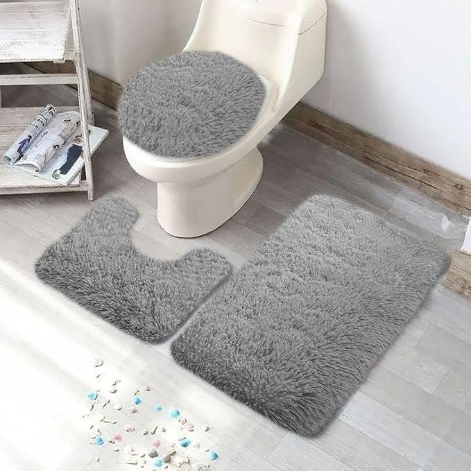 طقم دواسات حمام من 3 قطع بظهر مانع للانزلاق، (لون رمادي)