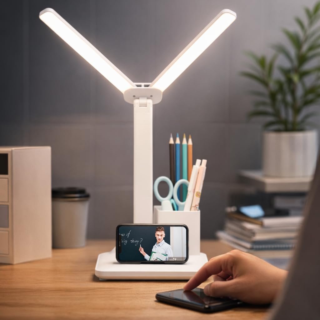 او في اي ديكور مكتب مزدوج الراس مع حامل اقلام ومنفذ شحن USB، 3 اوضاع للالوان، 5 مستويات سطوع، طاولة قابلة للطي قابلة للتعتيم لحماية العين، مناسبة للاطفال والمنزل والمكتب وطاولة...