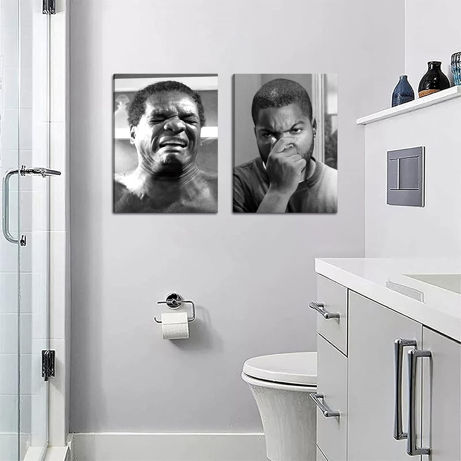 مجموعة فنية جدارية قماشية مضحكة مؤطرة للحمام مكونة من قطعتين - ملصقات افلام كوميدية عتيقة باللونين الاسود والابيض، مطبوعات ديكور حائط مرحة للمرحاض لديكور الحمام 12 × 16 انش - صورة 8