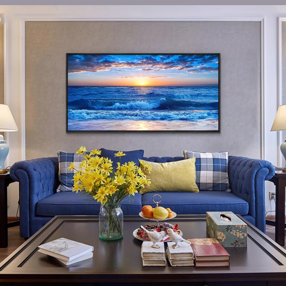 لوحة فنية جدارية قماشية من وابلوام - لوحة جدارية كبيرة بلون ازرق على شاطئ المحيط لغرفة المعيشة وغرفة النوم والمكتب - مؤطرة - صورة 4