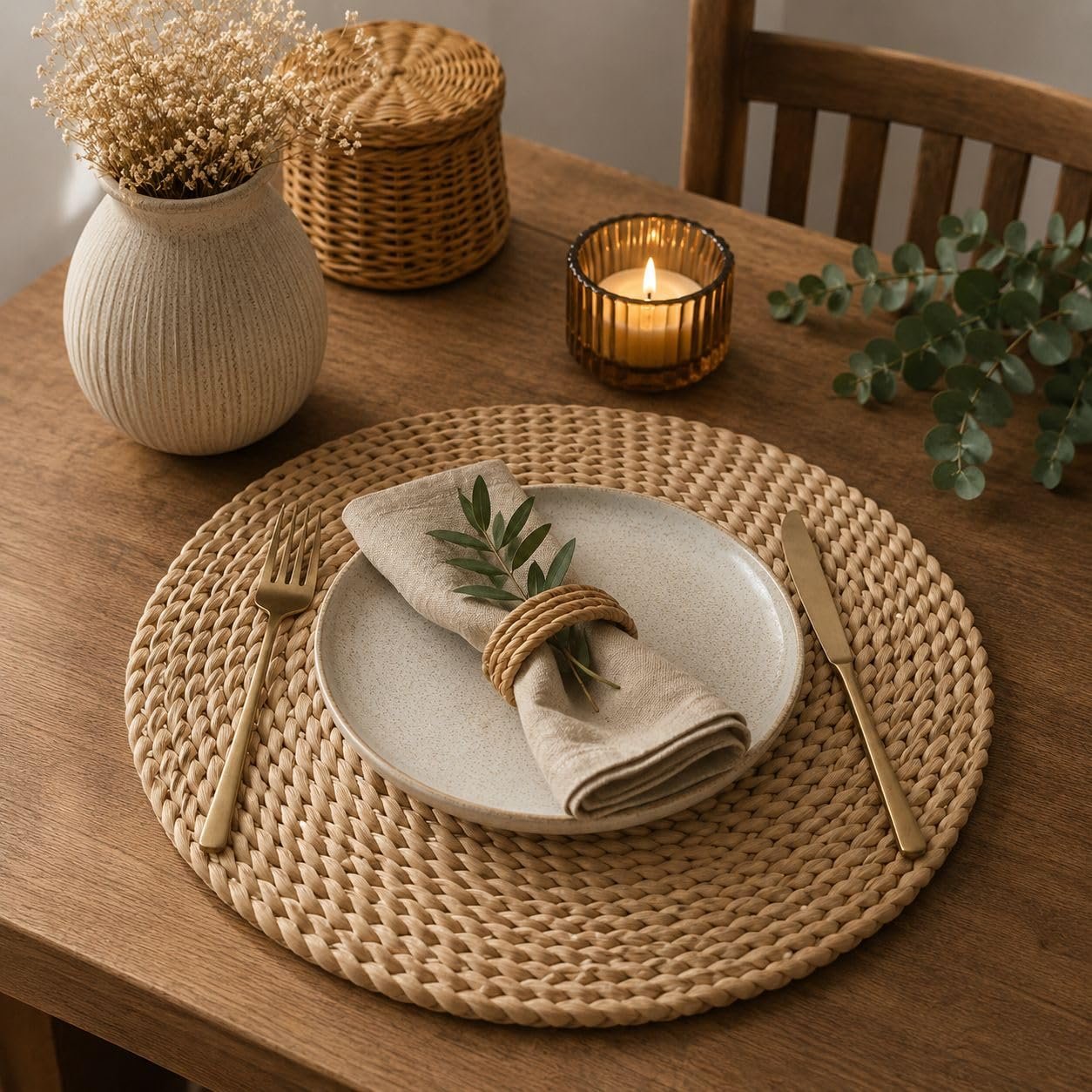 Placemat راتان طبيعي 30 سم | مفرش سفرة ديكور من الخيزران الطبيعي | Rattan Table Mat | 5 أشكال للاختيار | Boho Home Decor (شكل 5) - صورة 5