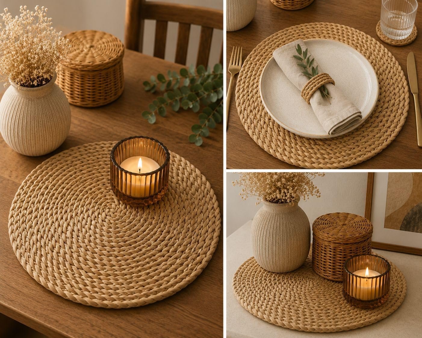 Placemat راتان طبيعي 30 سم | مفرش سفرة ديكور من الخيزران الطبيعي | Rattan Table Mat | 5 أشكال للاختيار | Boho Home Decor (شكل 5) - صورة 3