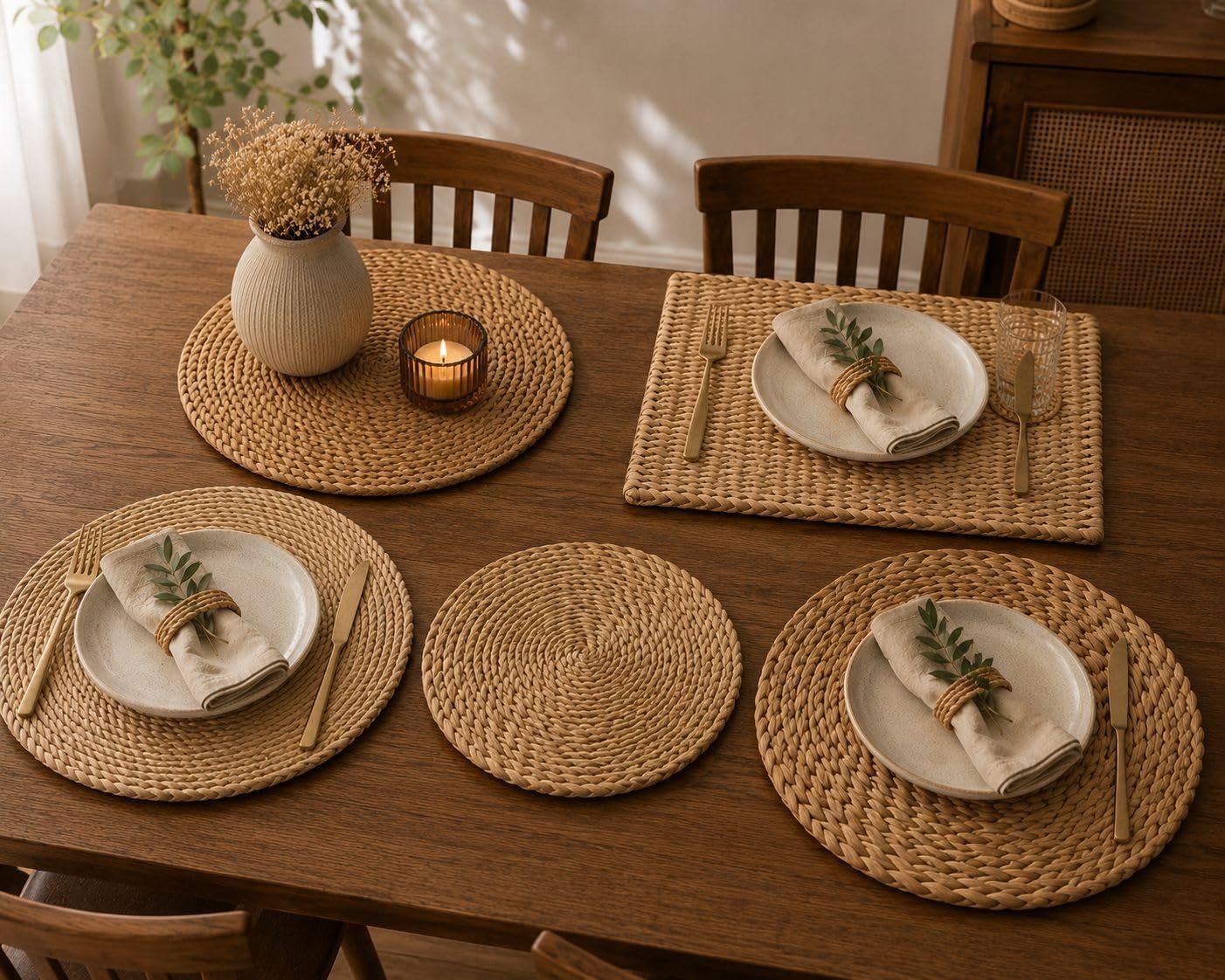Placemat راتان طبيعي 30 سم | مفرش سفرة ديكور من الخيزران الطبيعي | Rattan Table Mat | 5 أشكال للاختيار | Boho Home Decor (شكل 5) - صورة 2