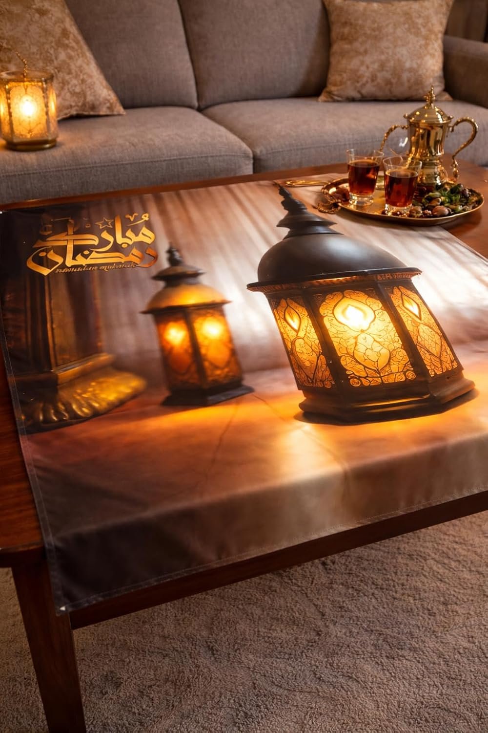 مفرش طاولة رمضاني مخملي فاخر – مقاس 70×70 سم – بتصميم "رمضان مبارك" وألوان متعددة مع طابع أحمر ملكي – قطعة ديكور أنيقة للسفرة والمنزل - صورة 4