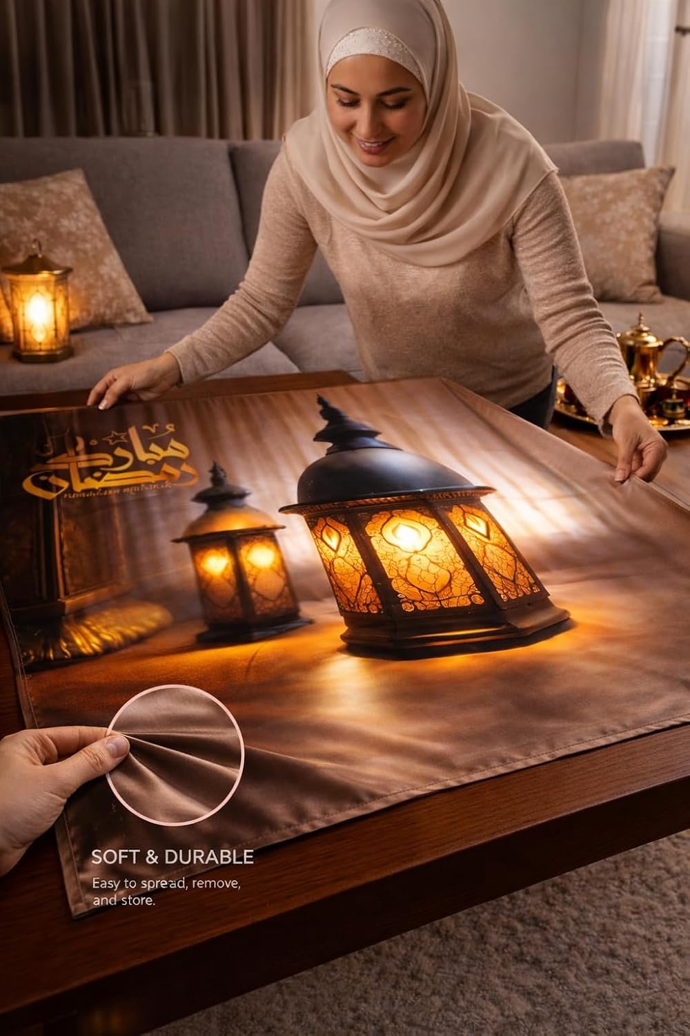 مفرش طاولة رمضاني مخملي فاخر – مقاس 70×70 سم – بتصميم "رمضان مبارك" وألوان متعددة مع طابع أحمر ملكي – قطعة ديكور أنيقة للسفرة والمنزل - صورة 7