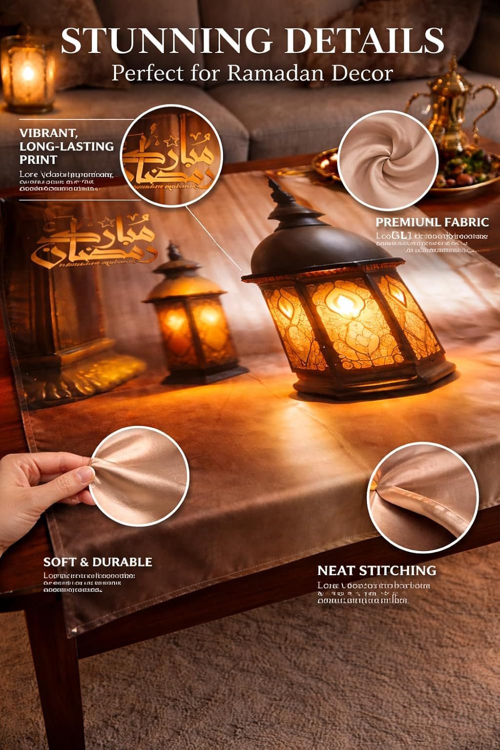 مفرش طاولة رمضاني مخملي فاخر – مقاس 70×70 سم – بتصميم "رمضان مبارك" وألوان متعددة مع طابع أحمر ملكي – قطعة ديكور أنيقة للسفرة والمنزل - صورة 5