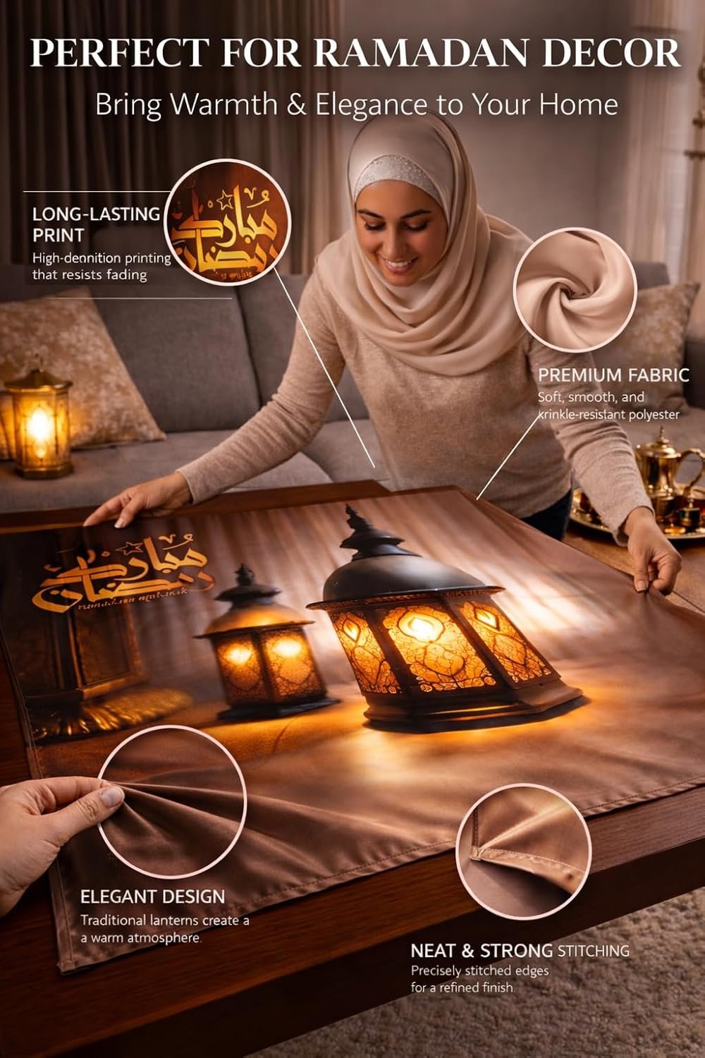 مفرش طاولة رمضاني مخملي فاخر – مقاس 70×70 سم – بتصميم "رمضان مبارك" وألوان متعددة مع طابع أحمر ملكي – قطعة ديكور أنيقة للسفرة والمنزل - صورة 8