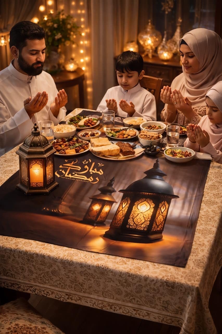 مفرش طاولة رمضاني مخملي فاخر – مقاس 70×70 سم – بتصميم "رمضان مبارك" وألوان متعددة مع طابع أحمر ملكي – قطعة ديكور أنيقة للسفرة والمنزل - صورة 9