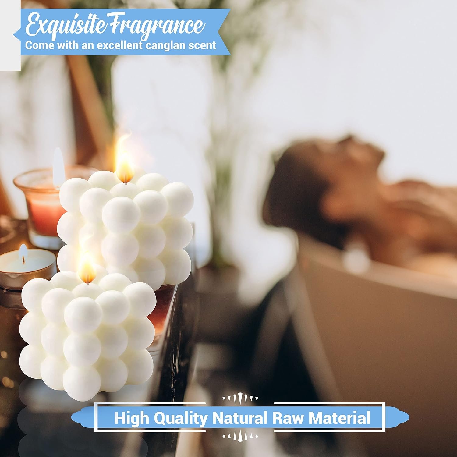 شموع مربعة بتصميم فقاعات لتزيين المنزل، شموع عصرية مصنوعة يدويا، لغرفة النوم والحمام، مجموعة ديكور تجريدي جمالي، 4 قطع، ابيض - صورة 4