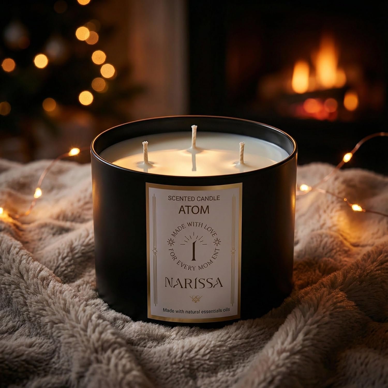 شمعة أتوم المعطرة الفاخرة من ناريسا - بوزن 500 جرام - 3 فتيل - شمع صويا طبيعي 100% - تصميم زجاجي أسود فاخر وعطر فواح يدوم طويلاً للاسترخاء والرفاهية (مسك رمان) - صورة 3